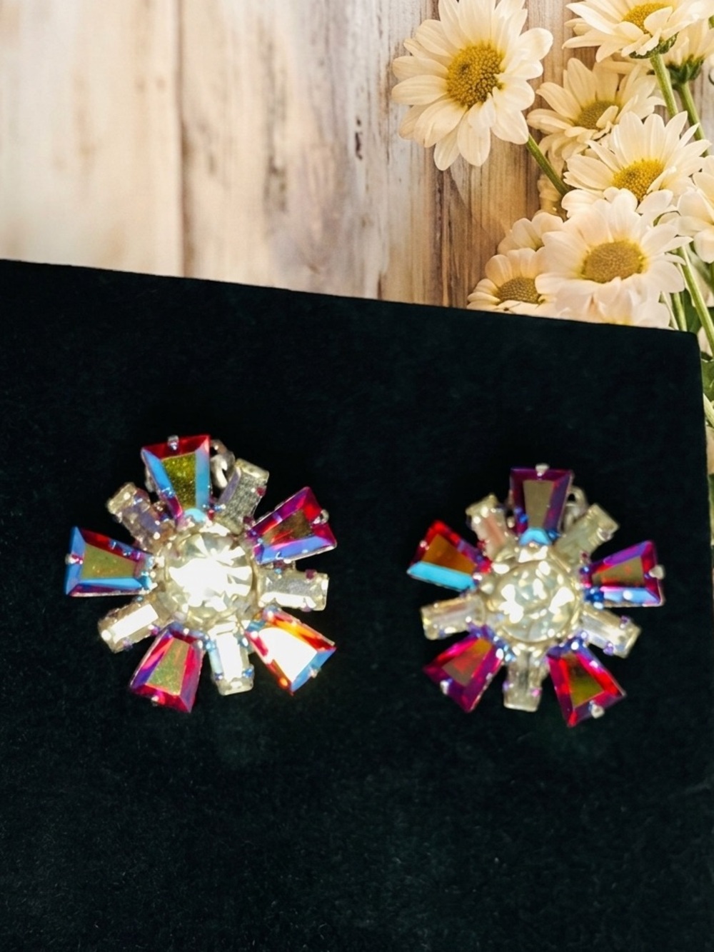 VTG B David Aurora Borealis Crystal Starburst Clip On Earrings Silver Tone